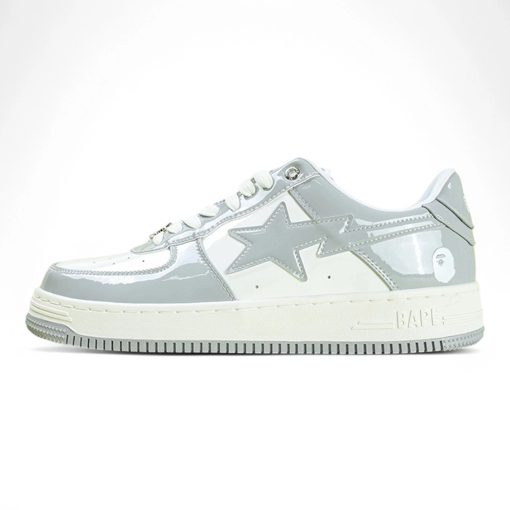 A Bathing Ape Bapesta Grey Patent Leather Low Sneakers