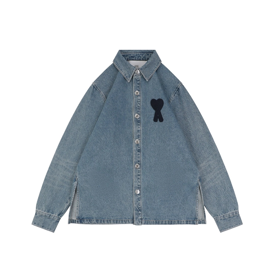 Ami Paris Heart Logo Embroidered Denim Shirt
