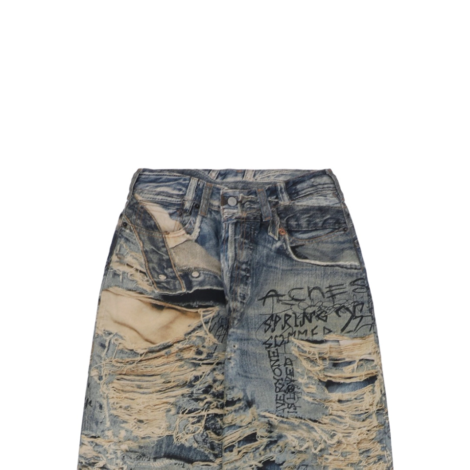 Acne Studios Distressed Graffiti Print Wide Leg Denim Pants