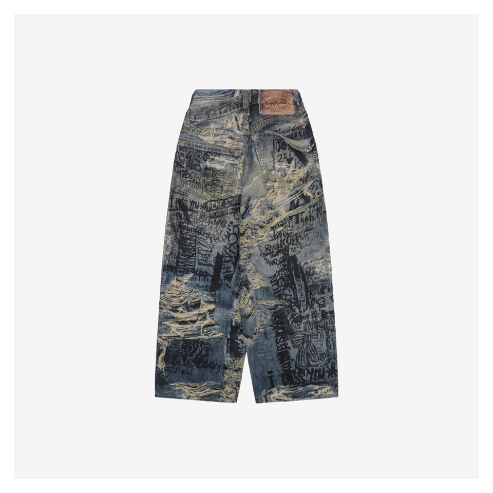 Acne Studios Distressed Graffiti Print Wide Leg Denim Pants