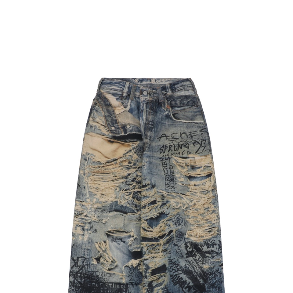 Acne Studios Distressed Graffiti Print Wide Leg Denim Pants