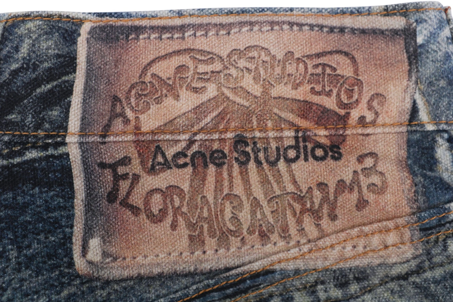 Acne Studios Distressed Graffiti Print Wide Leg Denim Pants