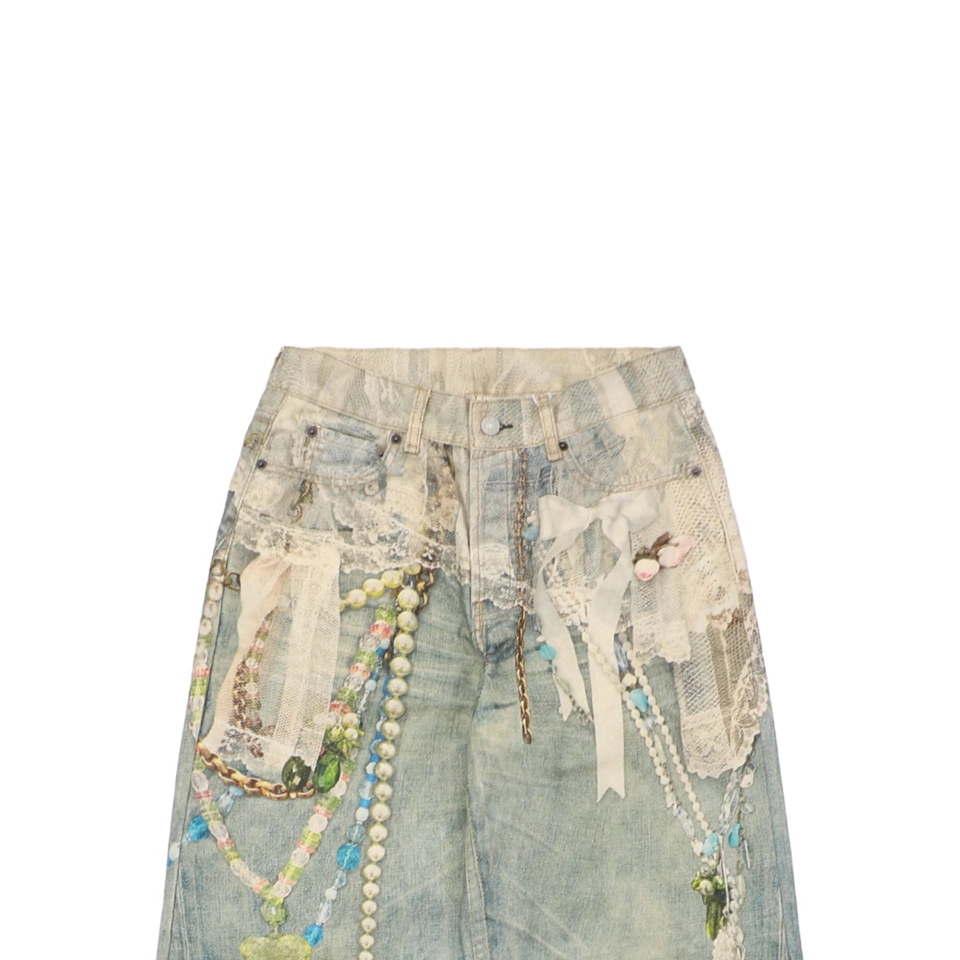 Acne Studios Lace And Pearl Printed Denim Pants