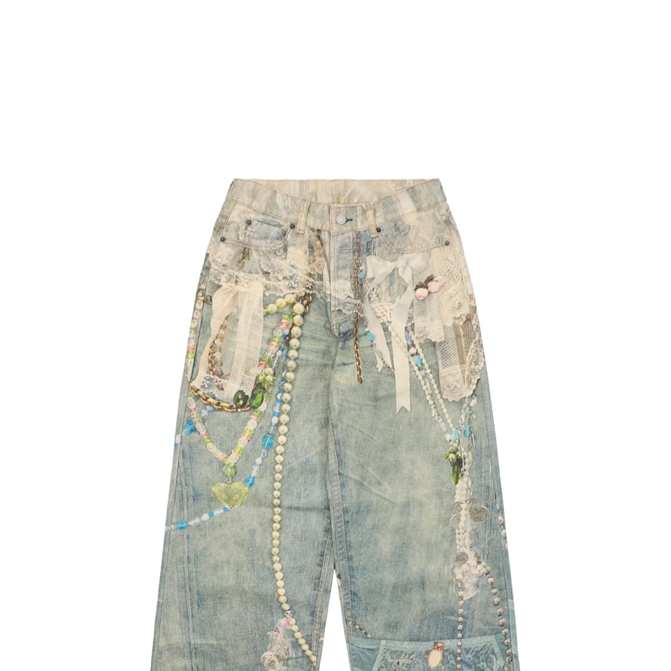 Acne Studios Lace And Pearl Printed Denim Pants