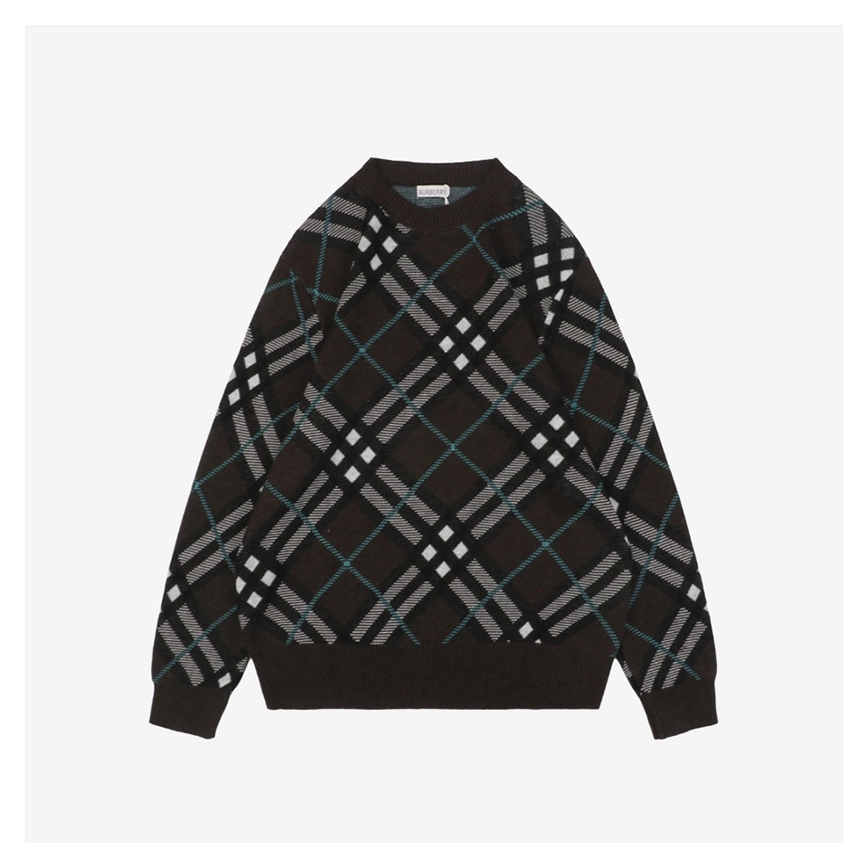 Bbrry Diagonal Plaid Round Neck Sweater