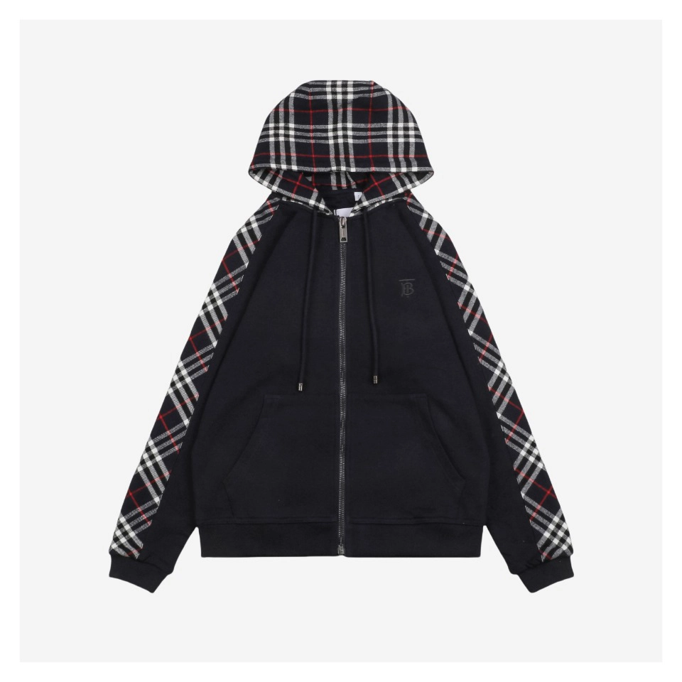 Bbry Bt Embroidery Plaid Panel Zip Hoodie