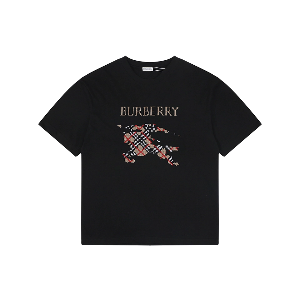 Bbry Cross Stitch Check Equestrian Knight Logo Embroidered Washed Cotton T Shirt