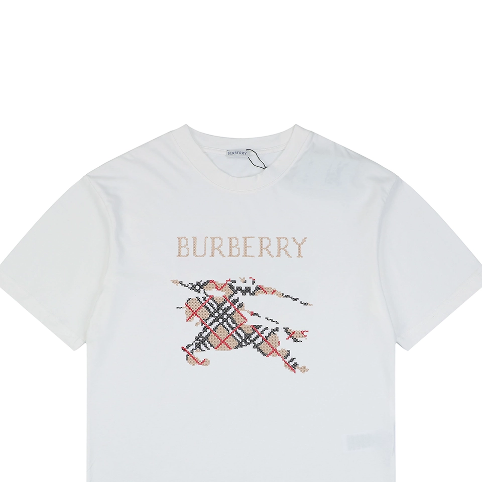 Bbry Cross Stitch Check Equestrian Knight Logo Embroidered Washed Cotton T Shirt