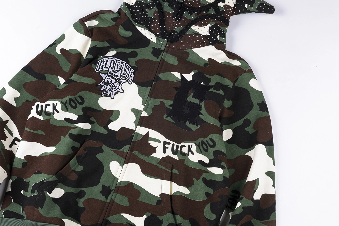 Glo Gang Camo Face Mask Spiked Zip Up Hoodie