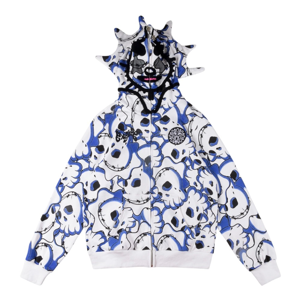 Glo Gang Spiked Full Zip Skull Print Hoodie
