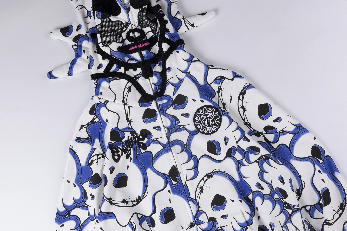 Glo Gang Spiked Full Zip Skull Print Hoodie