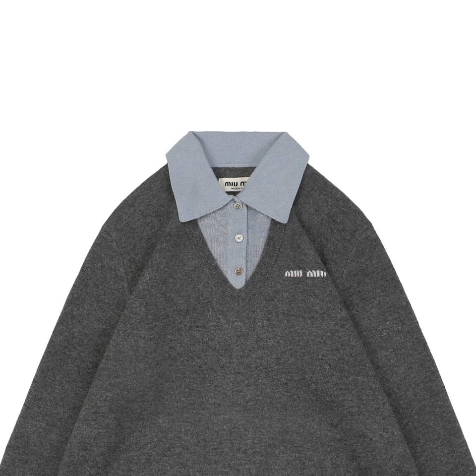 Mm Color Block Polo Collar Wool Sweater