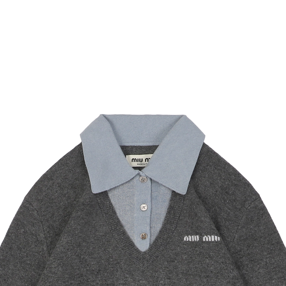 Mm Color Block Polo Collar Wool Sweater
