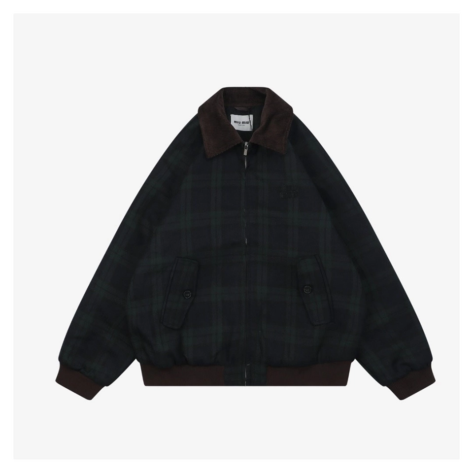 Mm Dark Green Plaid Quilted Padded Jacket