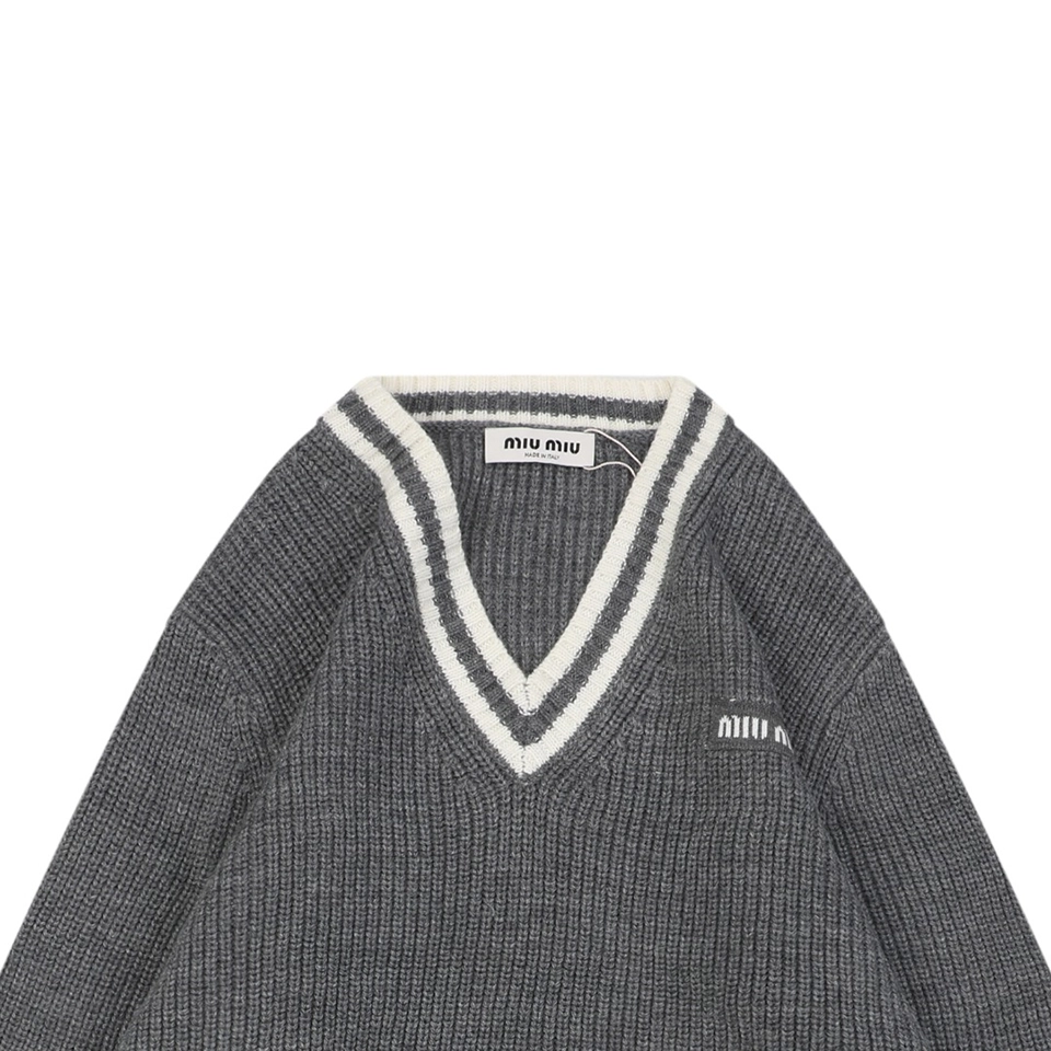 Mm Grey White Logo V Neck Sweater