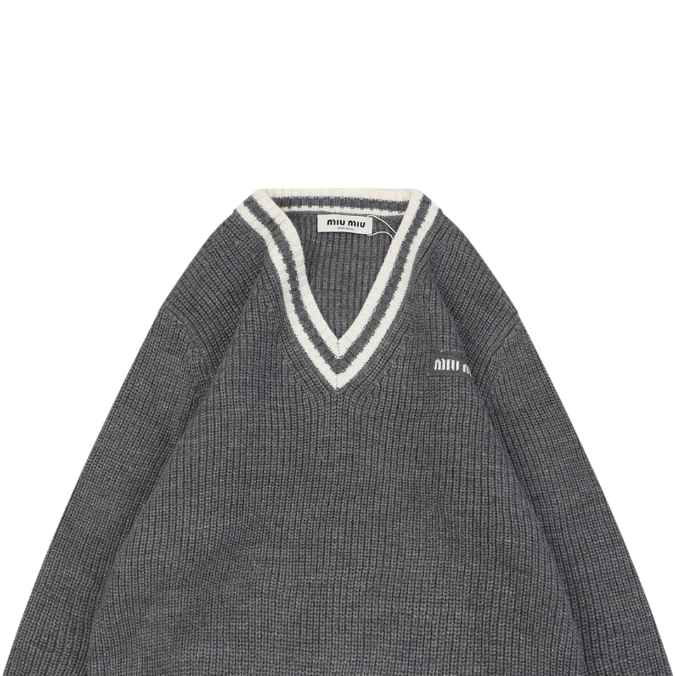 Mm Grey White Logo V Neck Sweater