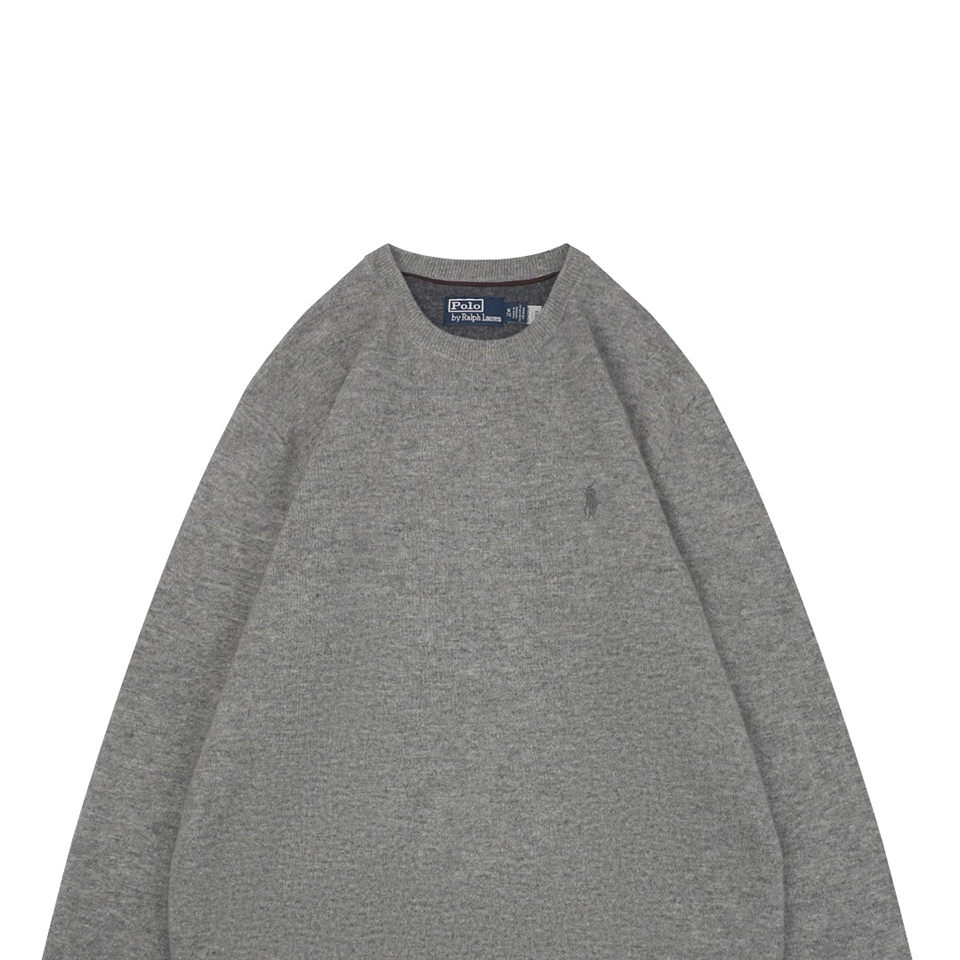 Ralph Lauren Grey Embroidered Pony Crewneck Wool Sweater