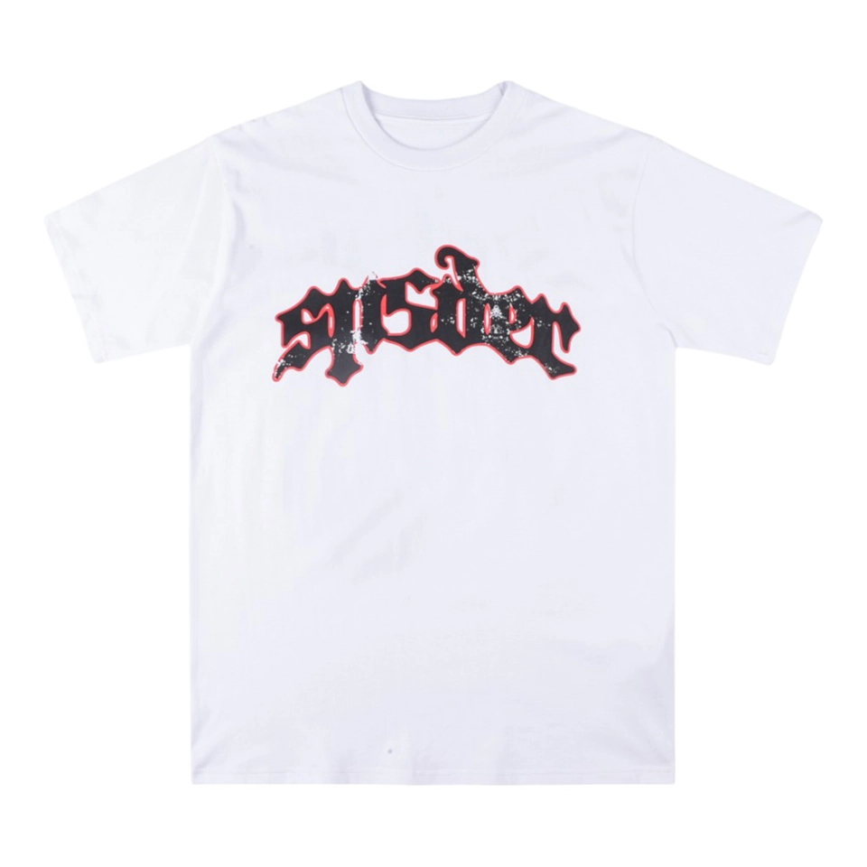 Sp5der-555-Gothic-Logo-Distressed-Print-T-shirt2.webp Sp5Der Gothic Logo Distressed Print T Shirt
