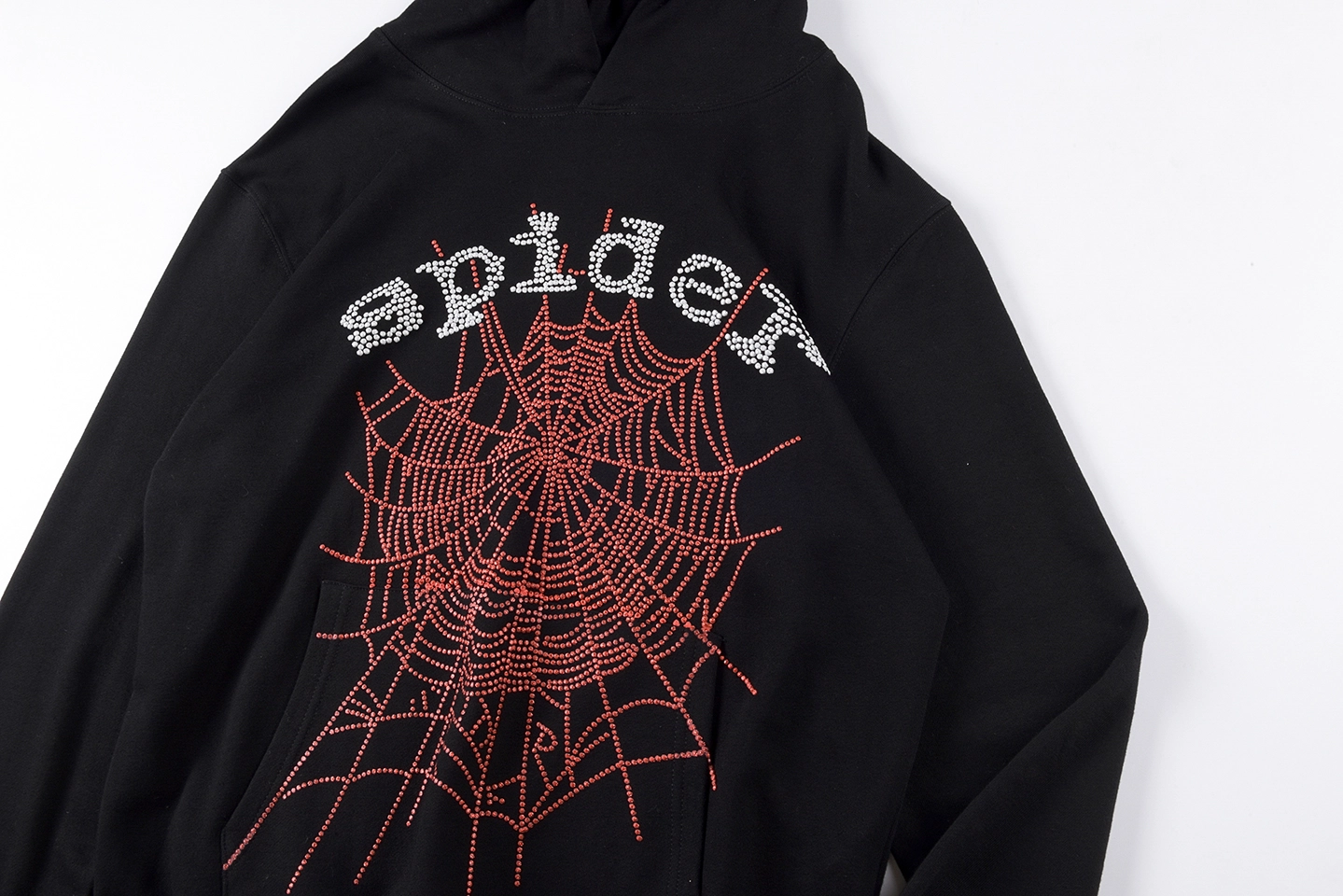 Sp5Der 555555 Rhinestone Web Black Hoodie