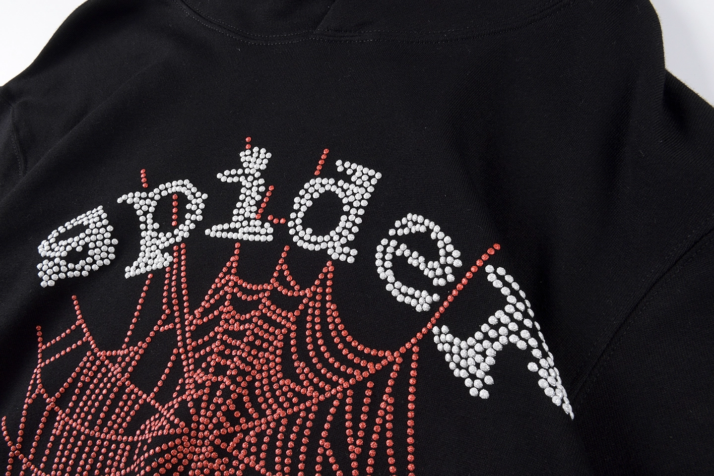 Sp5Der 555555 Rhinestone Web Black Hoodie