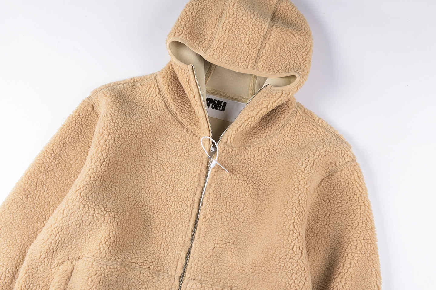 Sp5Der Beige Sherpa Fleece Zip Hoodie