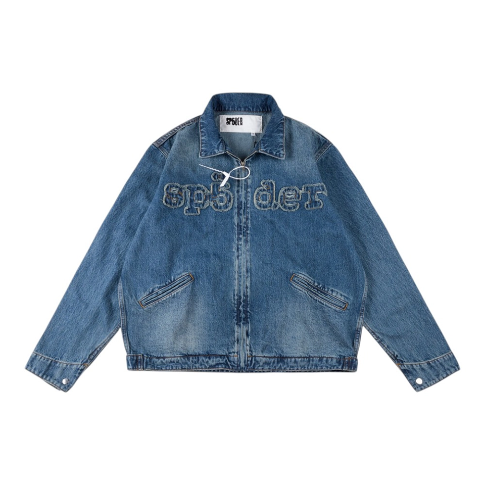 Sp5Der Blue Washed Logo Embroidery Denim Jacket