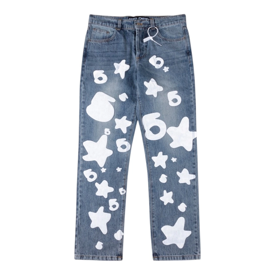 Sp5Der Blue White Star Graphic Denim Jeans