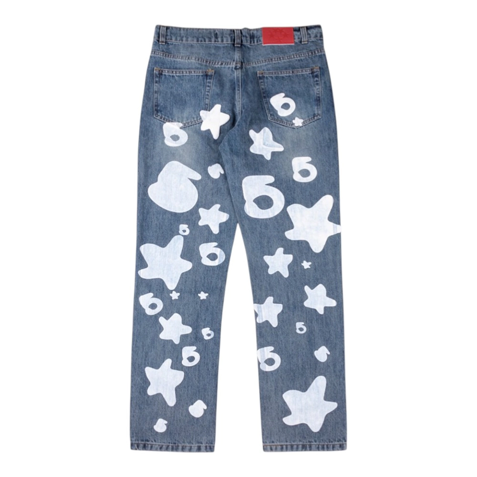 Sp5Der Blue White Star Graphic Denim Jeans