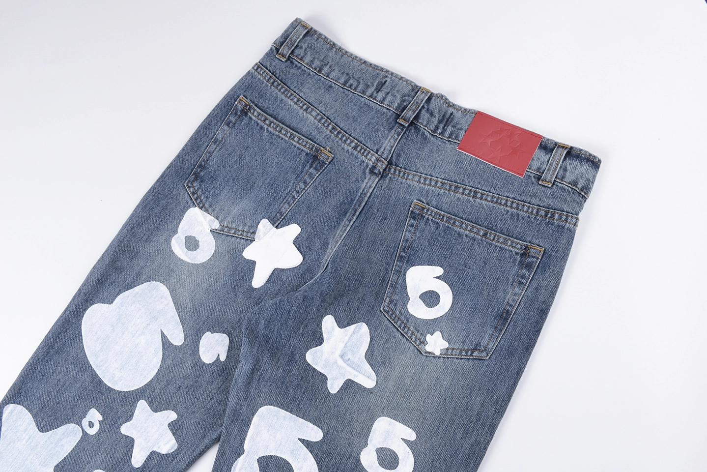 Sp5Der Blue White Star Graphic Denim Jeans