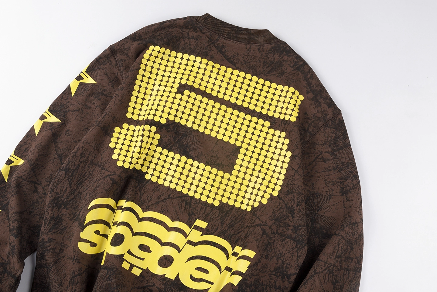 Sp5der-Brown-Distressed-Star-5-Logo-Sweatshirt2.webp Sp5Der Brown Distressed Star 5 Logo Sweatshirt