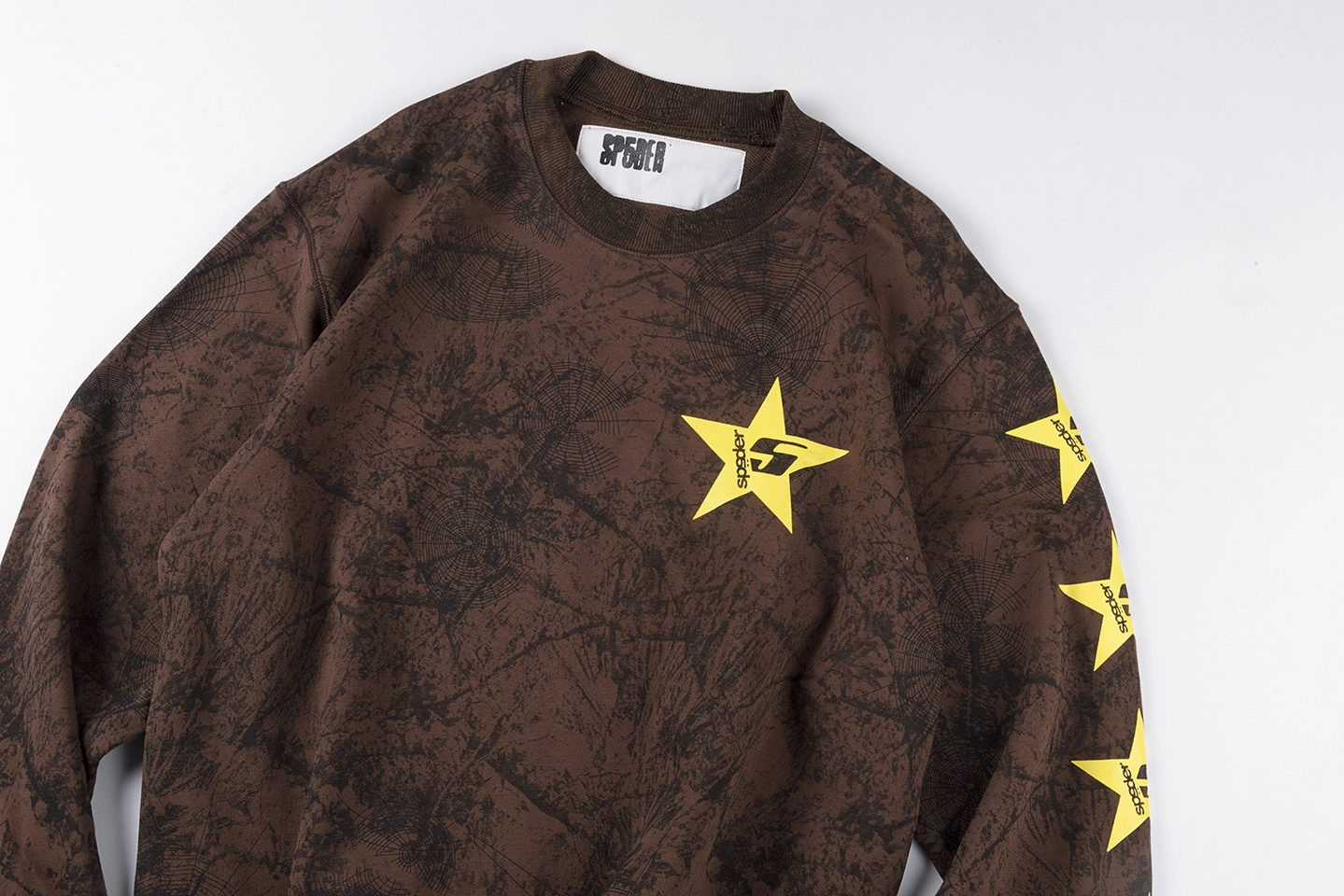 Sp5der-Brown-Distressed-Star-5-Logo-Sweatshirt8.webp Sp5Der Brown Distressed Star 5 Logo Sweatshirt