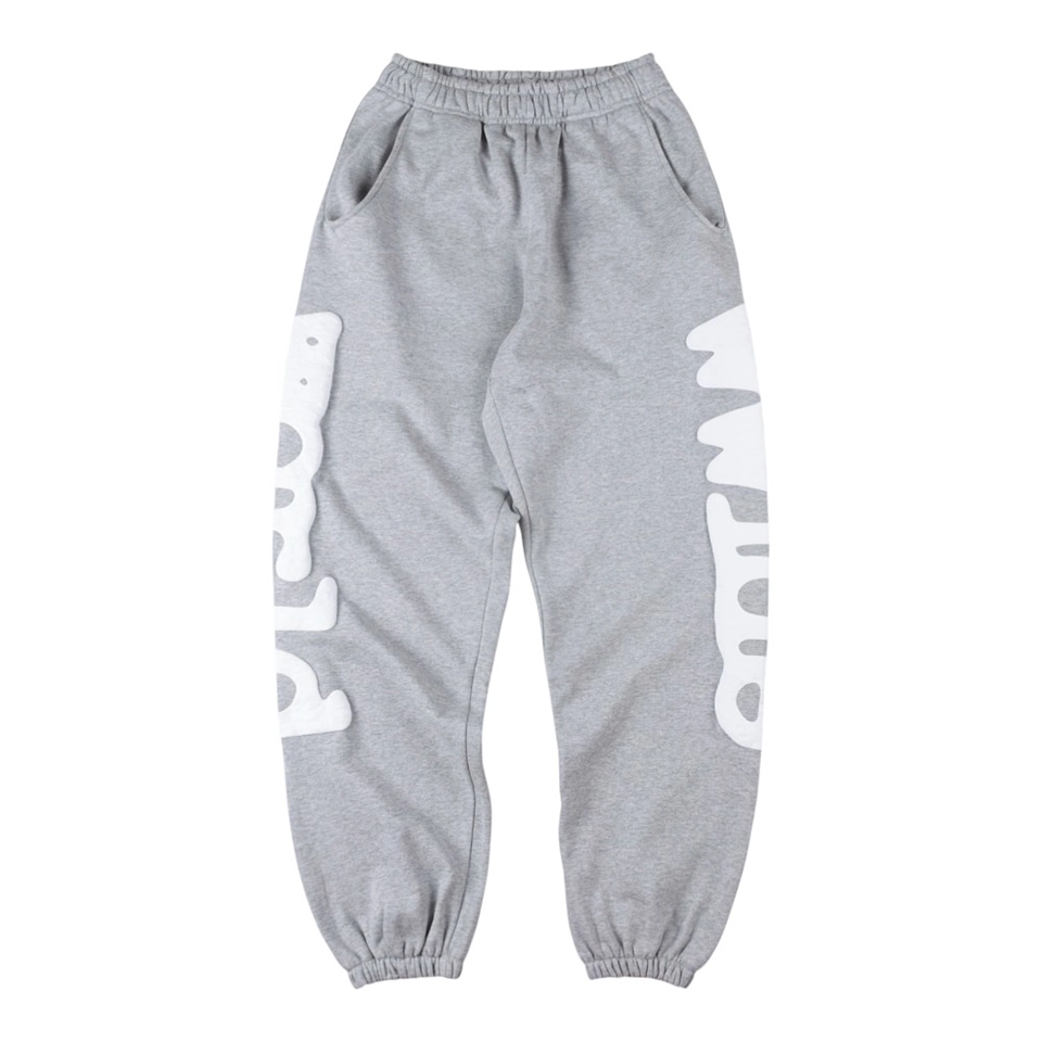Sp5Der Heather Grey Oversized White Script Sweatpants