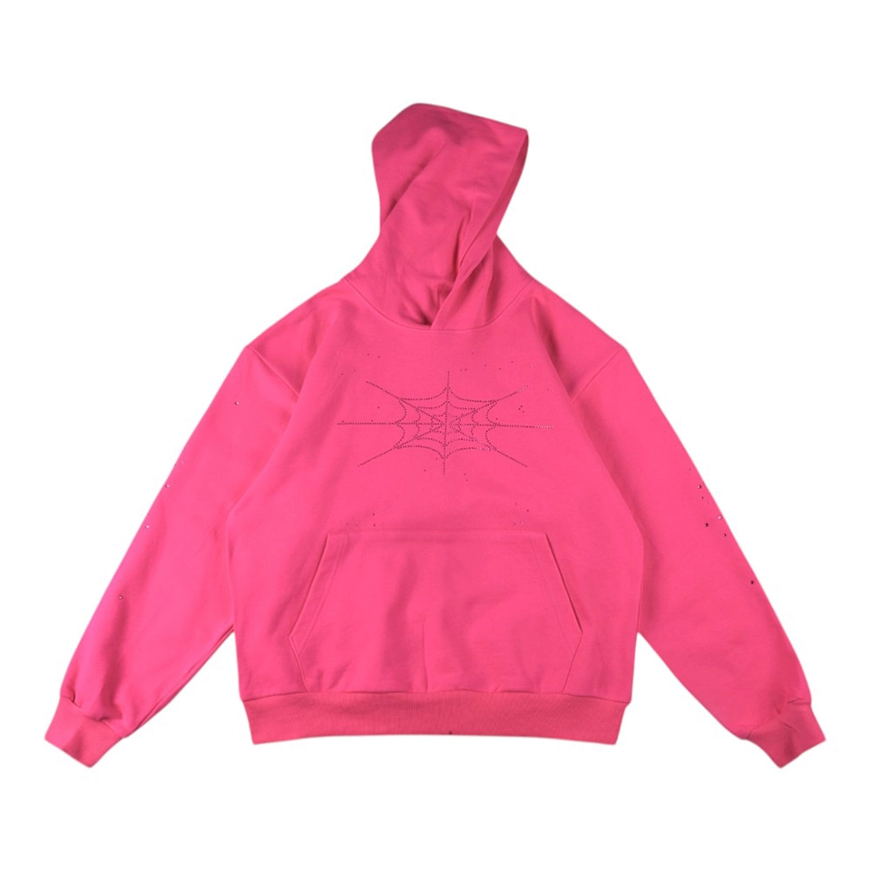 Sp5Der Pink Rhinestone Web Hoodie