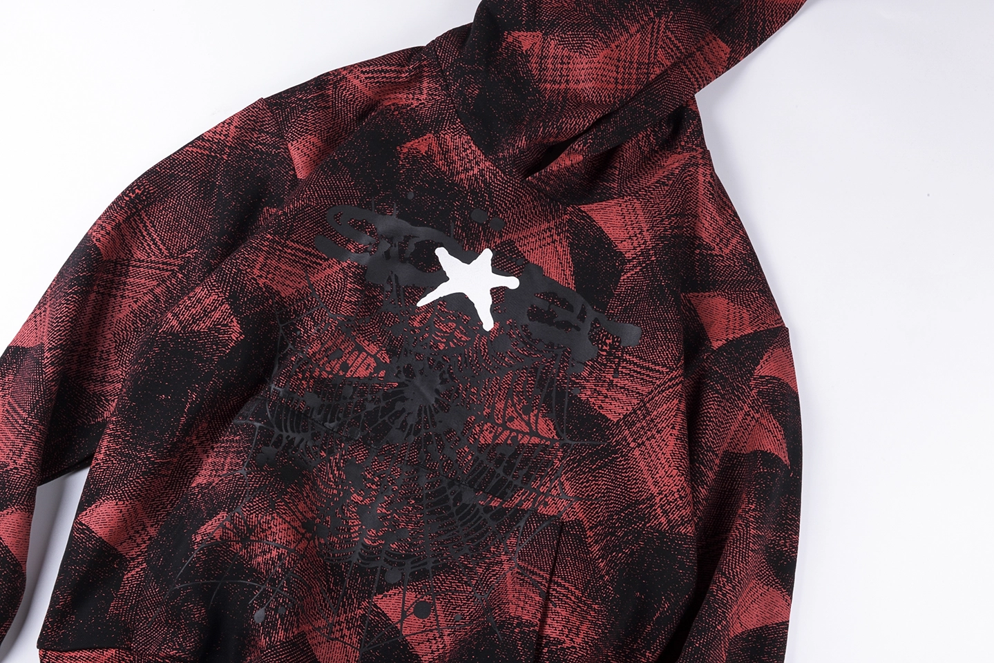 Sp5Der Red Plaid Star Web Graphic Hoodie