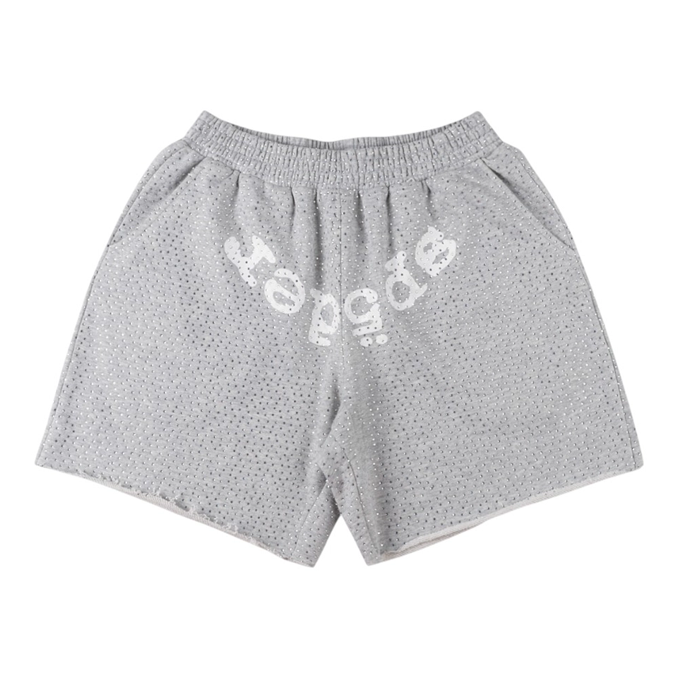 Sp5Der Rhinestone Logo Grey Mesh Shorts