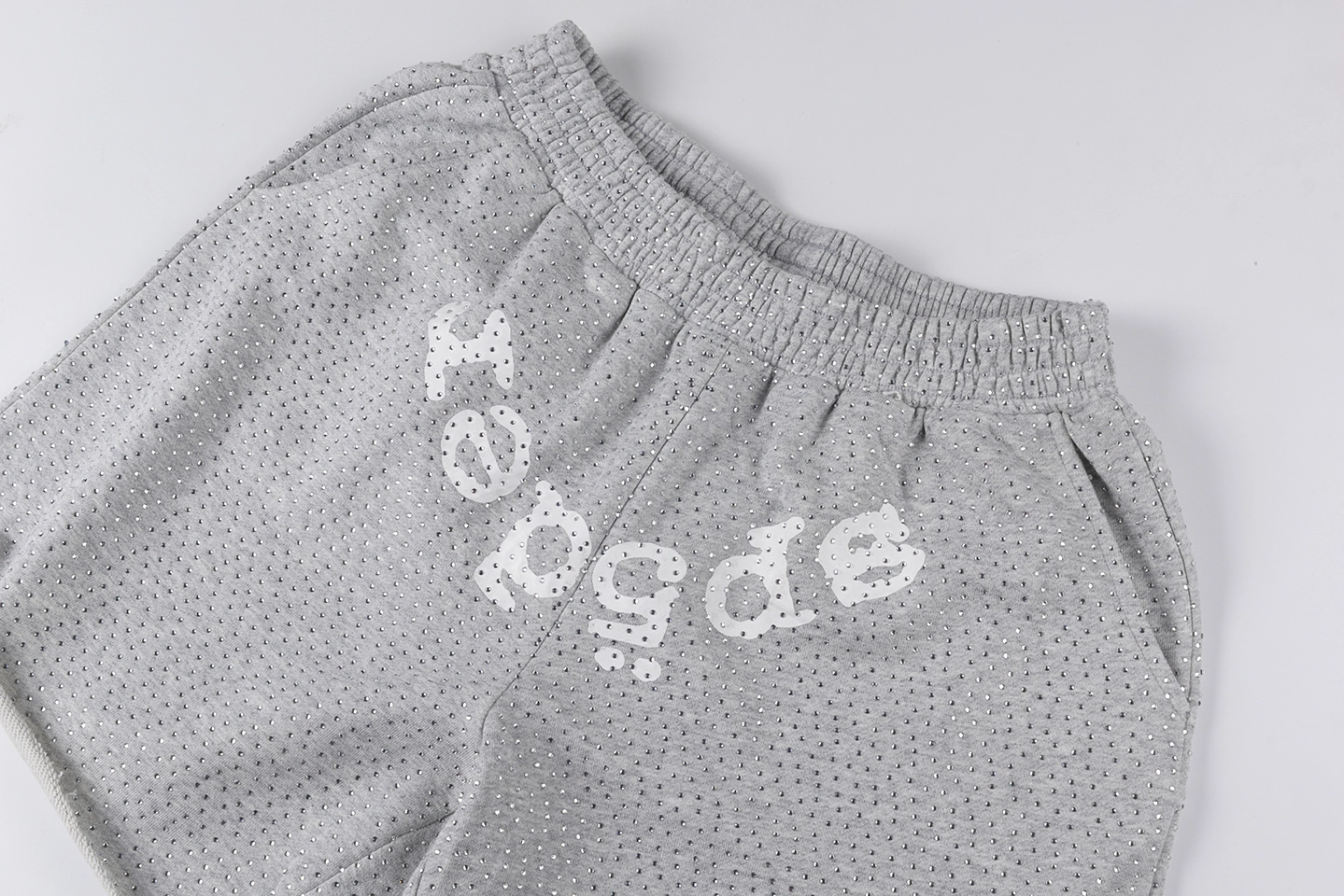 Sp5Der Rhinestone Logo Grey Mesh Shorts