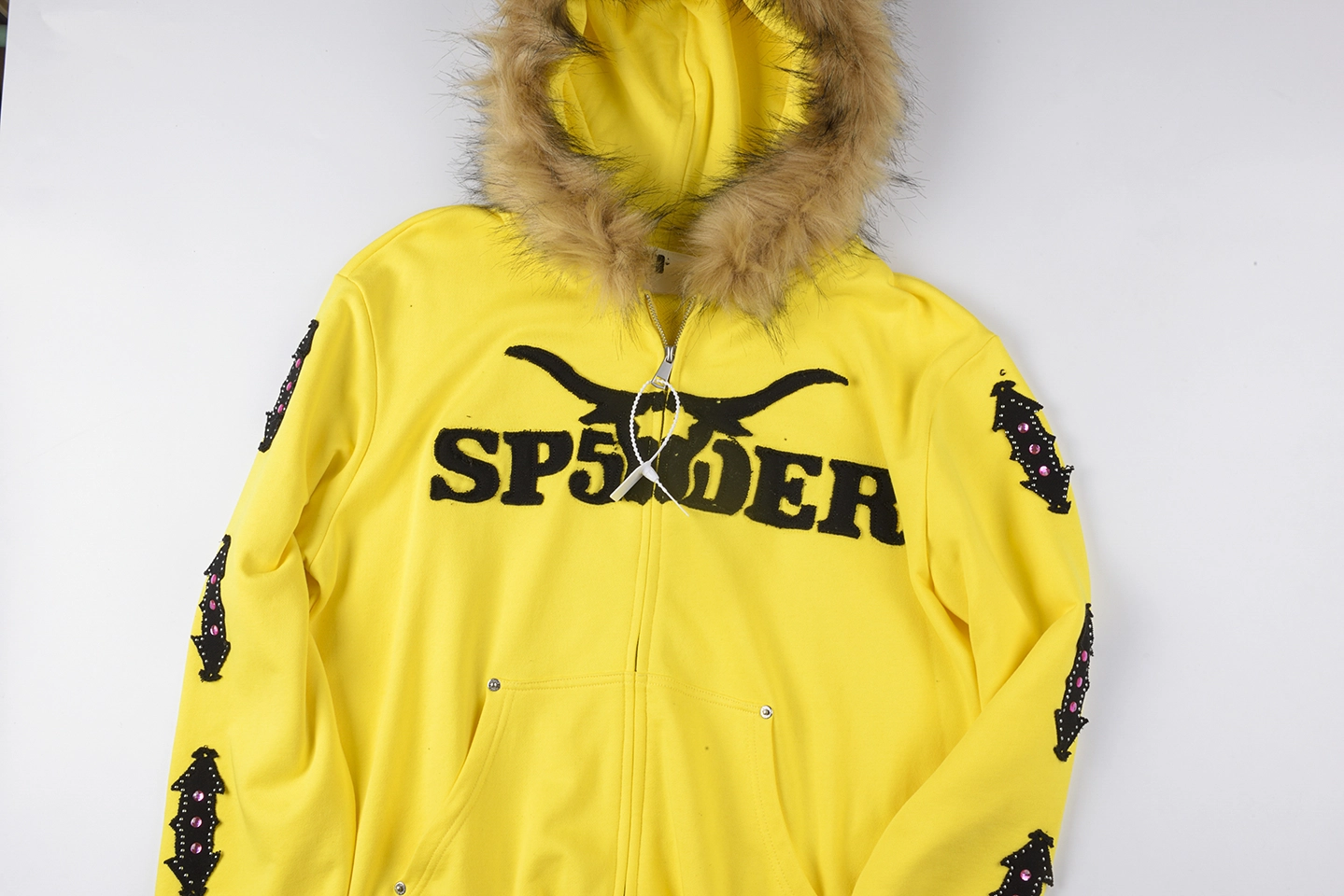 Sp5Der Yellow Fur Hood Logo Zip Hoodie