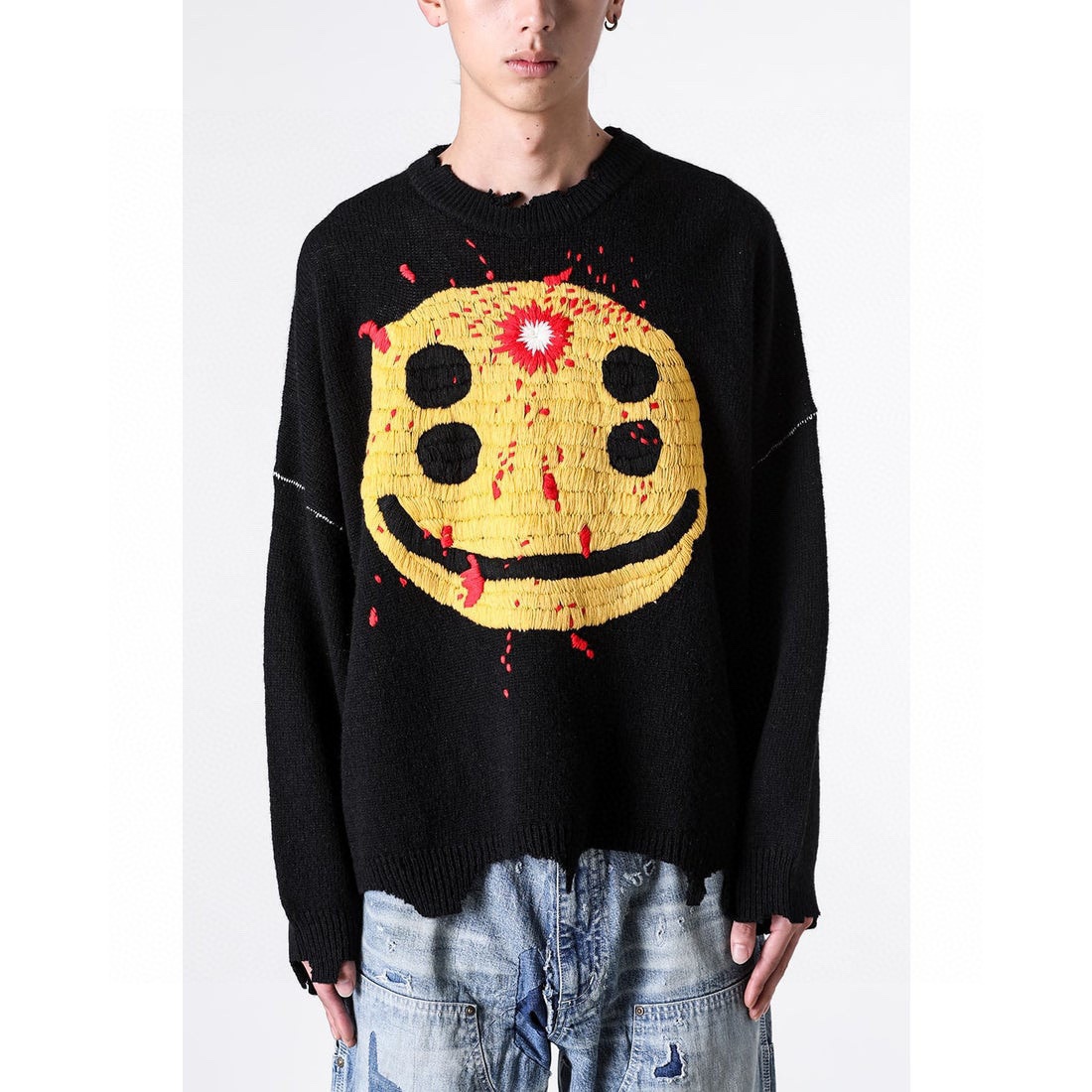 Saint Michael Four Eyed Smiley Hand Embroidered Crewneck Sweater – Image 1 Saint Michael Four Eyed Smiley Hand Embroidered Crewneck Sweater – Image 1