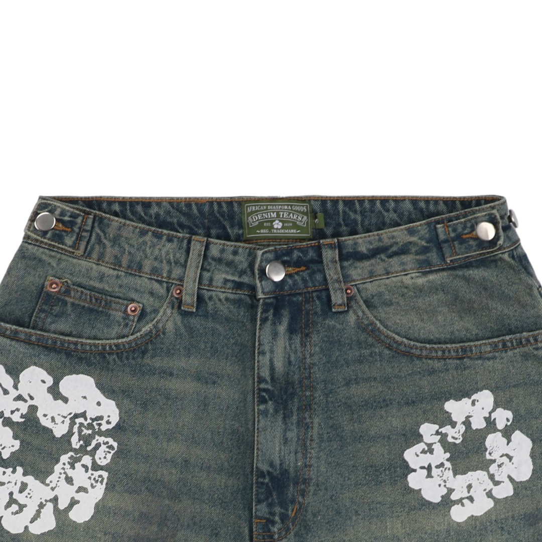 Denim Tears Cotton Flower Print Mud Dyed Distressed Denim Shorts