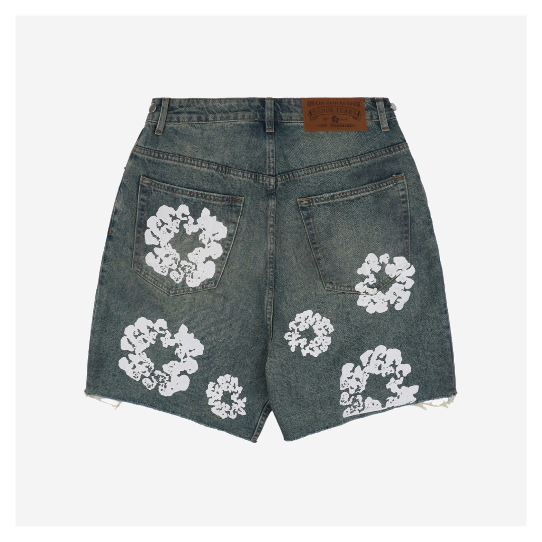 Denim Tears Cotton Flower Print Mud Dyed Distressed Denim Shorts