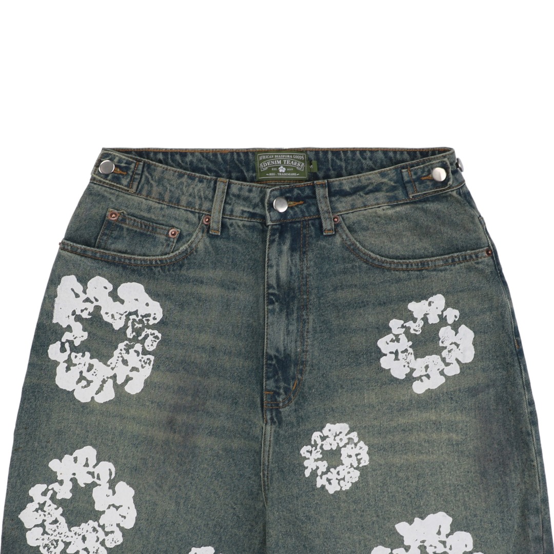 Denim Tears Cotton Flower Print Mud Dyed Distressed Denim Shorts