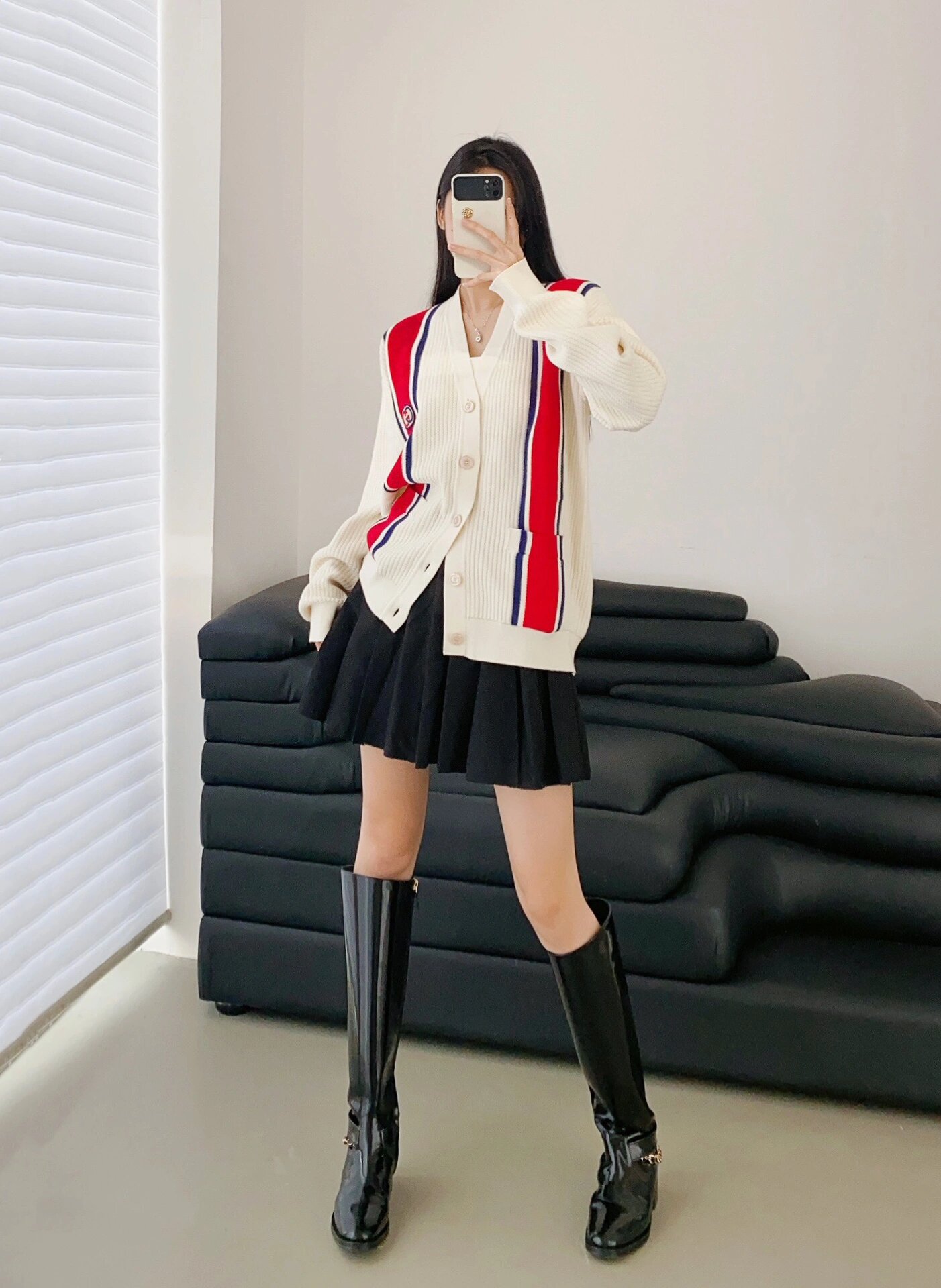 Red And Blue Web Jacquard Knit Cardigan Jacket &ndash; Image 1
