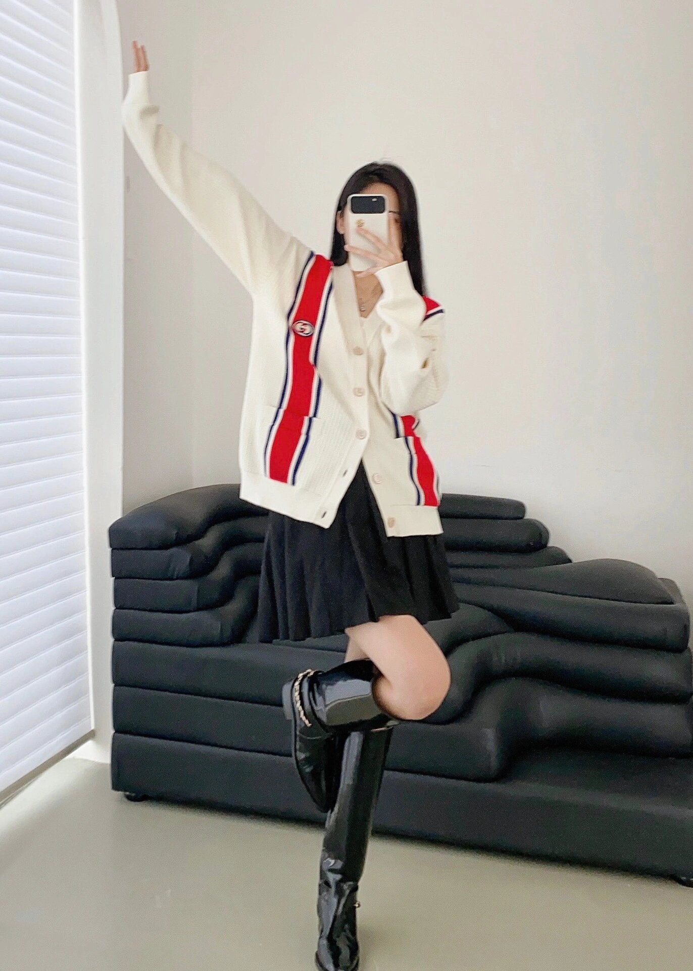 Red And Blue Web Jacquard Knit Cardigan Jacket &ndash; Image 3