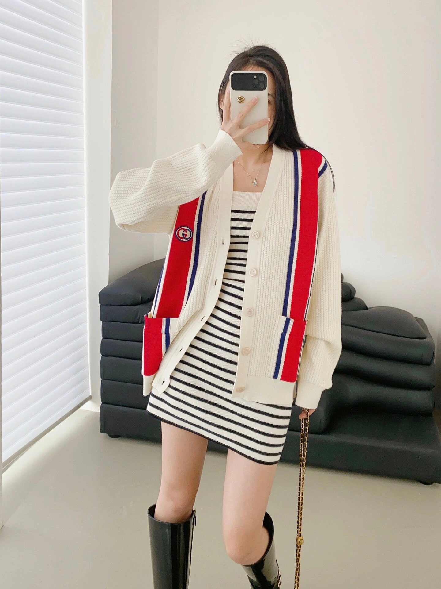Red And Blue Web Jacquard Knit Cardigan Jacket &ndash; Image 2