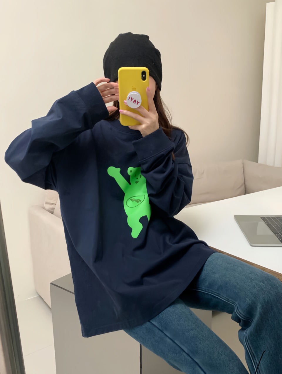 We11Done Raised Hands Bear Print Long Sleeve Shirt Navy &ndash; Image 1