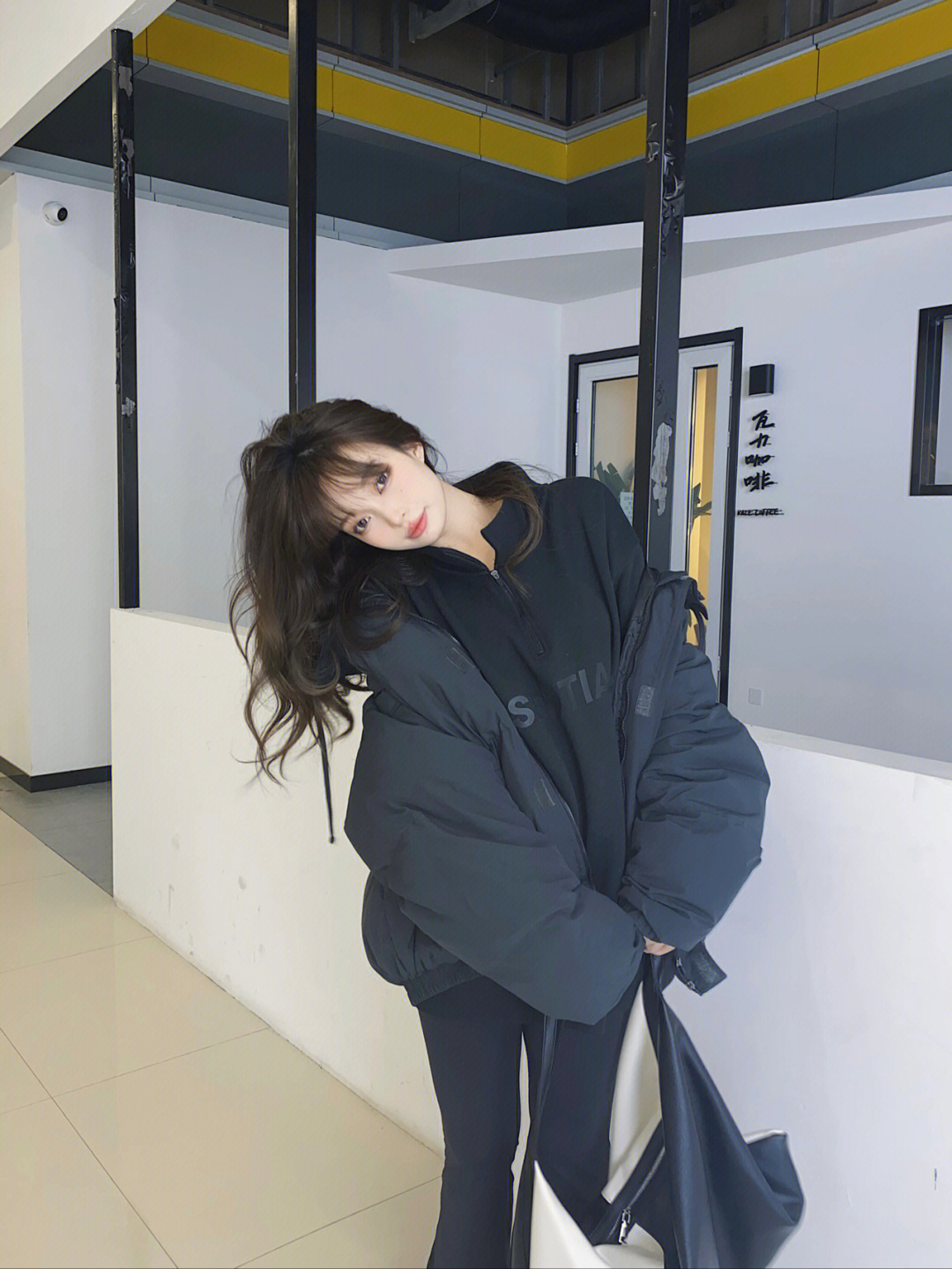 Essentials Double Stitch Stand Collar Puffer Jacket Black &ndash; Image 1